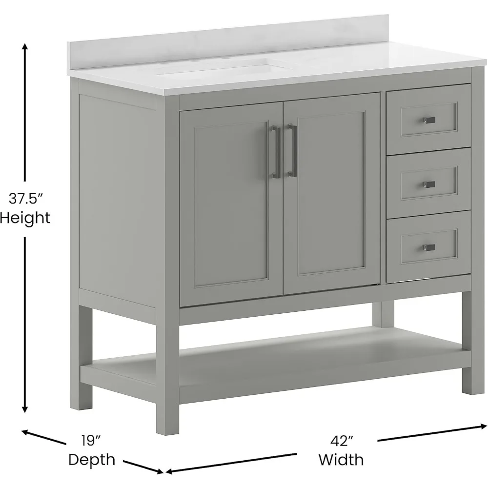 Vesta 42 Inch Bathroom Vanity, Single Sink Cabinet with 2 Soft Close Doors, Open Shelf and 3 Drawers, Carrara Marble