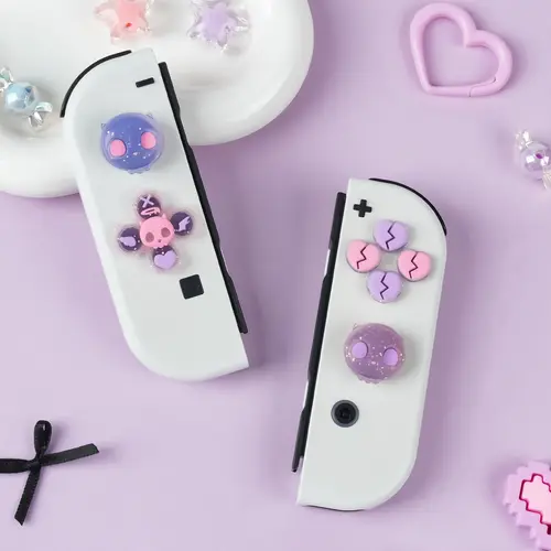 Imagen 2 del producto GeekShare Juego de tapas de botones D-Pad cruzadas de silicona, cubierta de Joystick Compatible con Nintendo Switch/OLED Joy Con, calavera rosa y morada
