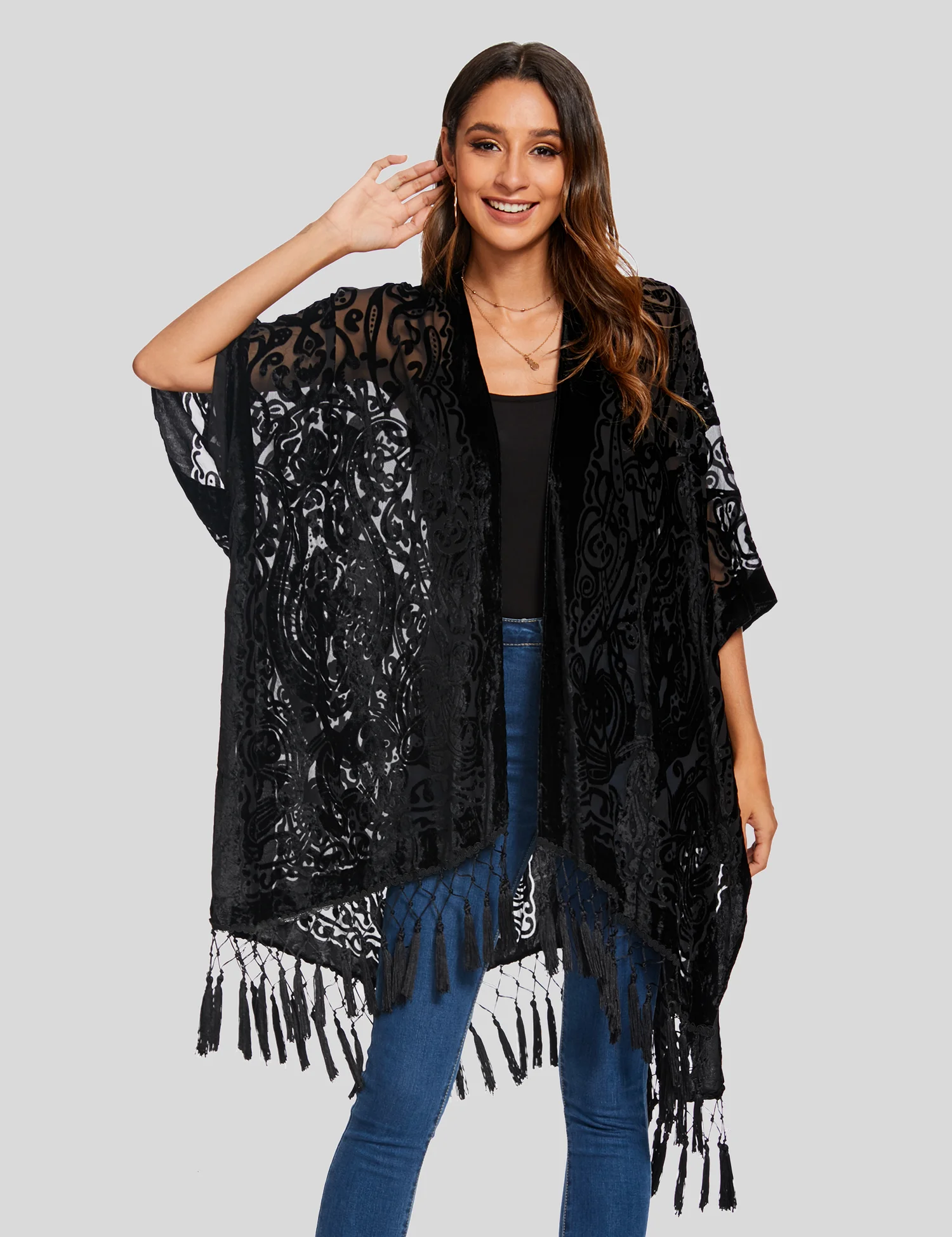 MJSERECA New Bohemian Burnt Plush Kimono for Woman Long Cardigan With tassel Beach Cover-up Casual Cardigan Shawl Chiffon Shirt