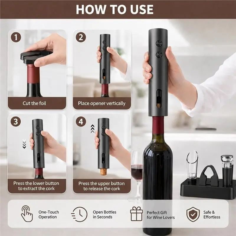 ABYN-Electric For Wine Opener, Rechargeable Automatic For Wine Bottle Opener Set For Wine Lovers- Cork Screw In Black Corkscrew