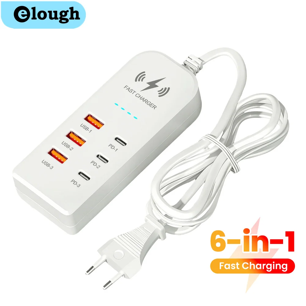 6 in 1 USB Type C Charger Multi Ports Power Strip Socket Fast Charging Travel Charger For iPhone Samsung EU/US Plug Charger