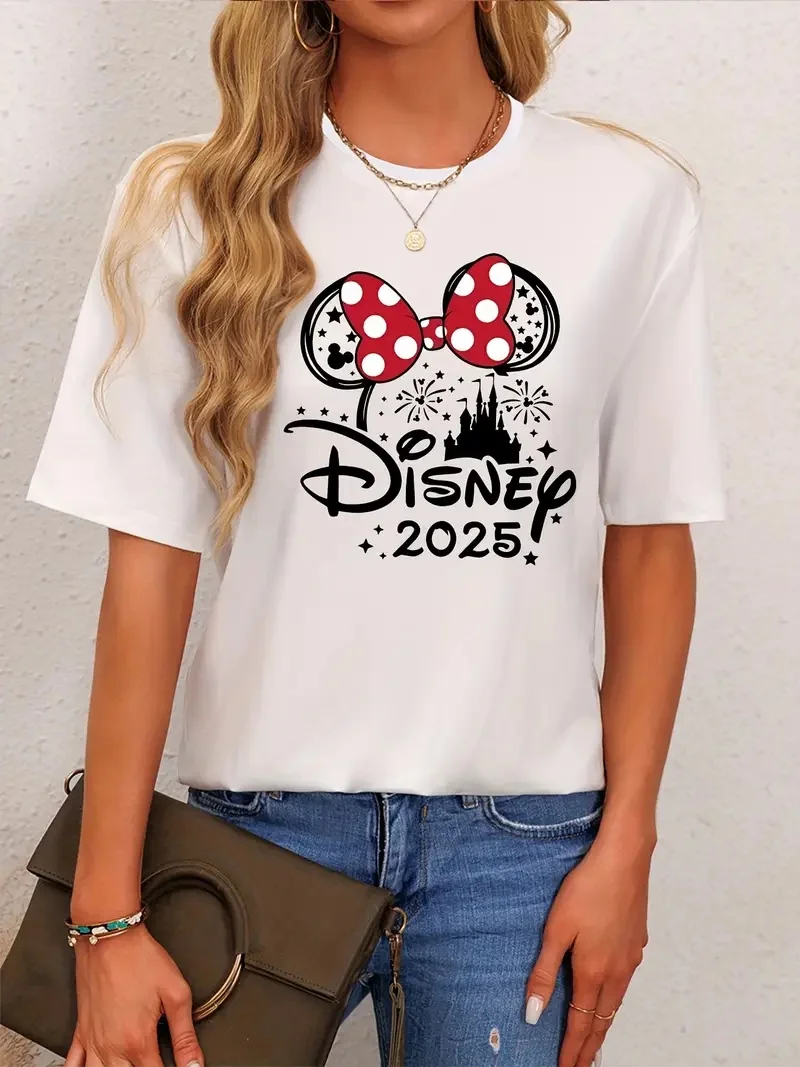 

2025 Disney Pattern Printed Women's Casual Comfortable Unique Smiling Face Black Round Neck Short Sleeve T-shirt