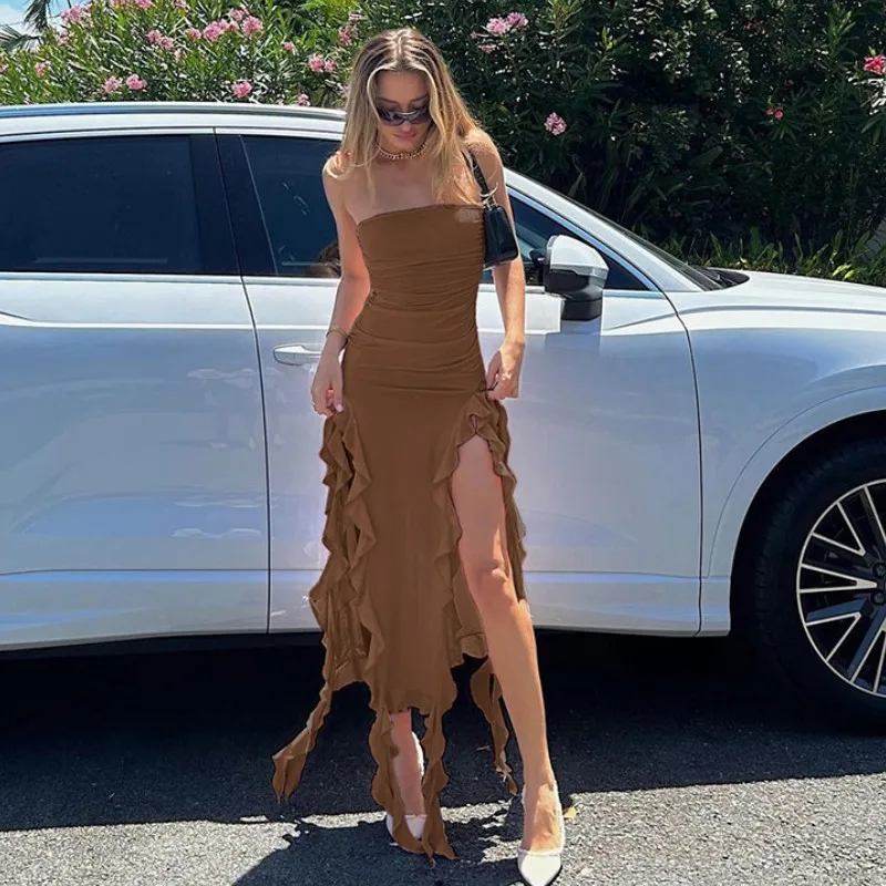 三姉妹夏の新ファッションセクシーなカジュアルパーティー休暇海辺の女性の服無地ノースリーブ不規則なミディドレス