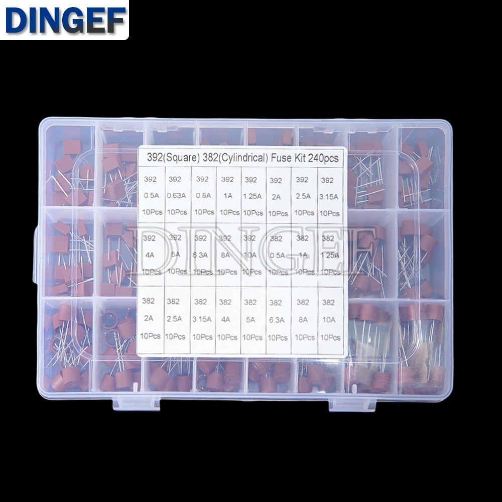 240pcs 392 Square Fuse 382 Round Fuse DIY Kit 0.5A/0.63A/0.8A/1A/1.25A/2A/2.5A/3.15A/4A/5A/6.3A/8A/10A Fuses For LCD TV Power