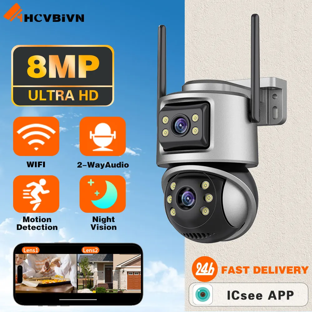 

Outdoor Wifi PTZ Camera 4K 8MP HD Dual-Lens Dual Screen Camera AI Auto Tracking 4MP Video Surveillance Human Detect Alarm iCSee