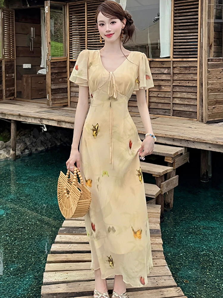 الصيف بوهو الشيفون طباعة Burfferfly فستان طويل غير رسمي المرأة شيك القوس الخامس الرقبة فستان مناسبات 2025 الكورية أنيقة Bodycon Vestidos