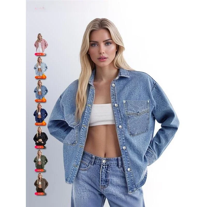 Women's Plain Button Front Drop Shoulder Curved Hem Denim Jacket Autumn Season Special Wide Fit Short Length Baseball Collar