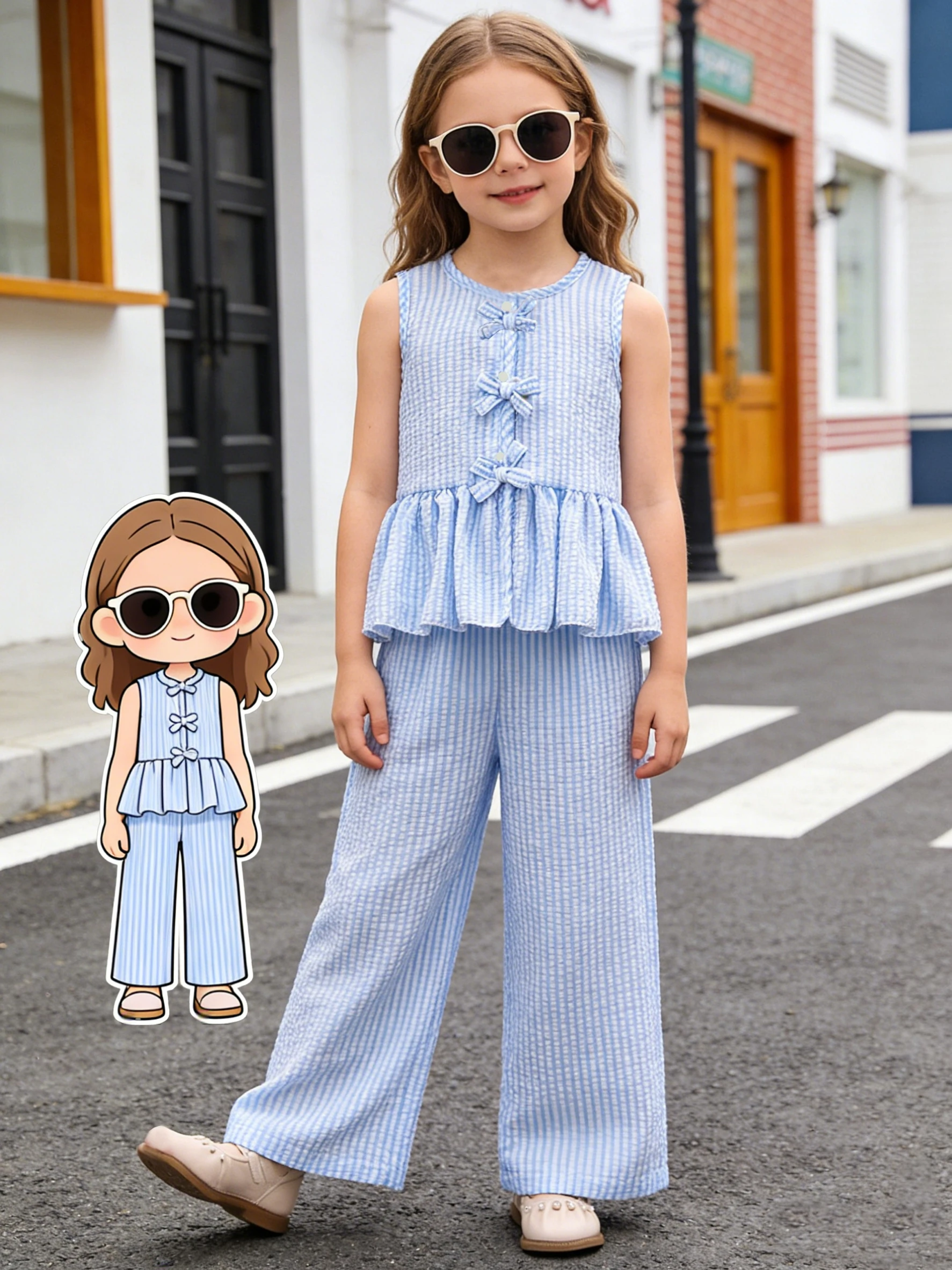 Girls 2 Piece Blue Stripe Ruffle Hem Top & Wide Leg Pants Set Cute Bow Detail Summer Outfit