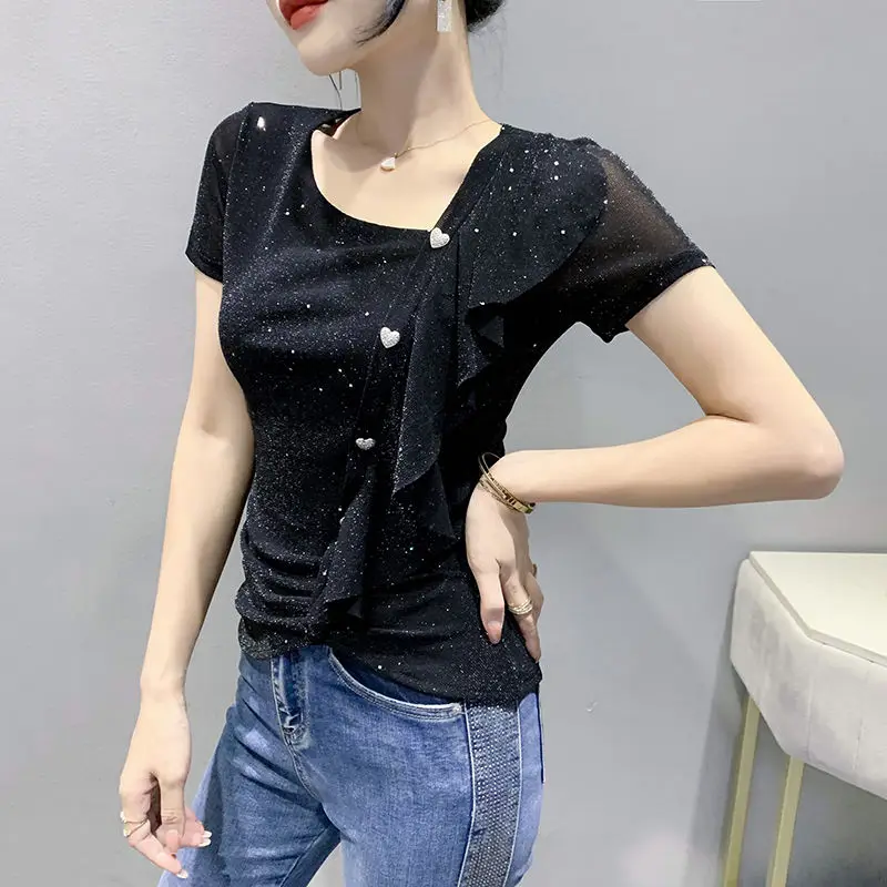 Traje de verano elegante Lrregular cuello inclinado camiseta de manga corta para mujer ropa delgada con volantes 2025 Tops de alta calidad Mujer