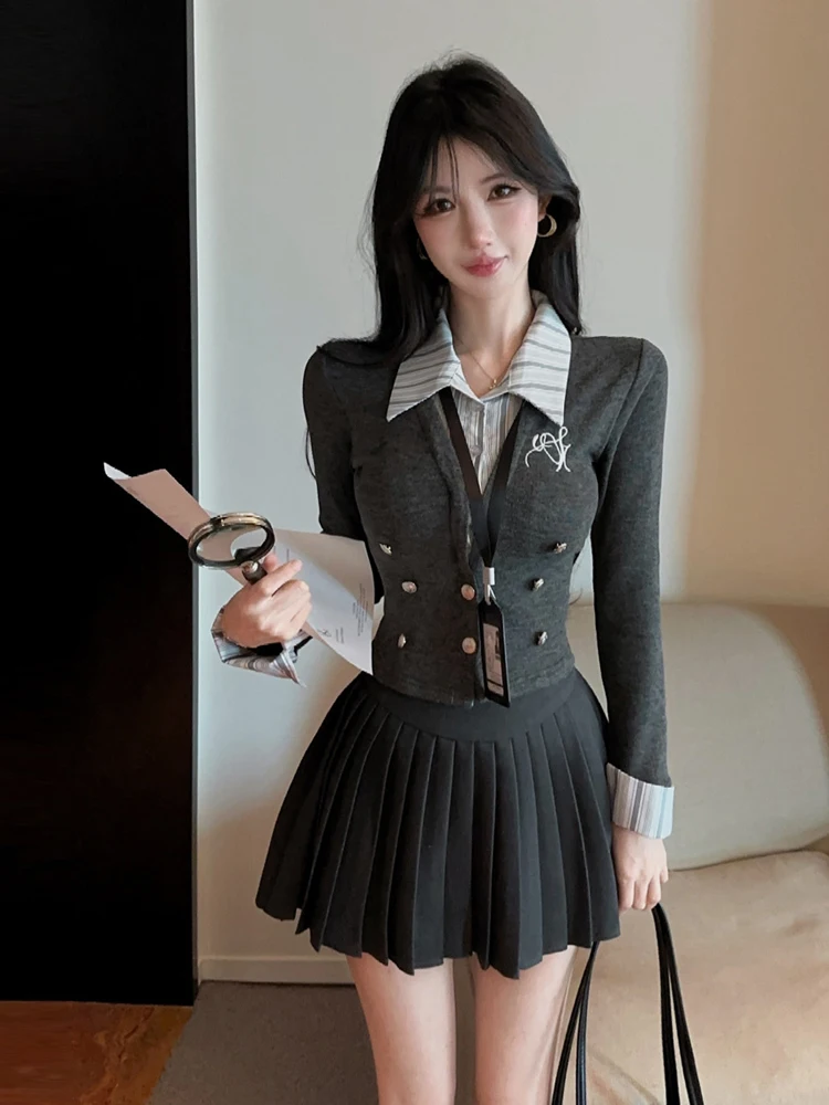 American College Style High Waist Pleated Knit Top And Skirt Set Long Sleeve Splice Design Fashionable Two-Piece Women's Outfit