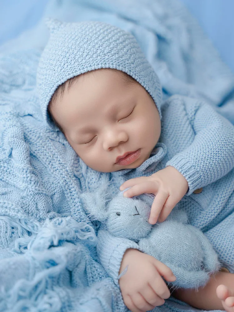 

Newborn Photography Props Blue Knit Romper+hat Set Mini Plush Bunny Doll Knitting Tassel Blanket Studio Infant Photo Accessories