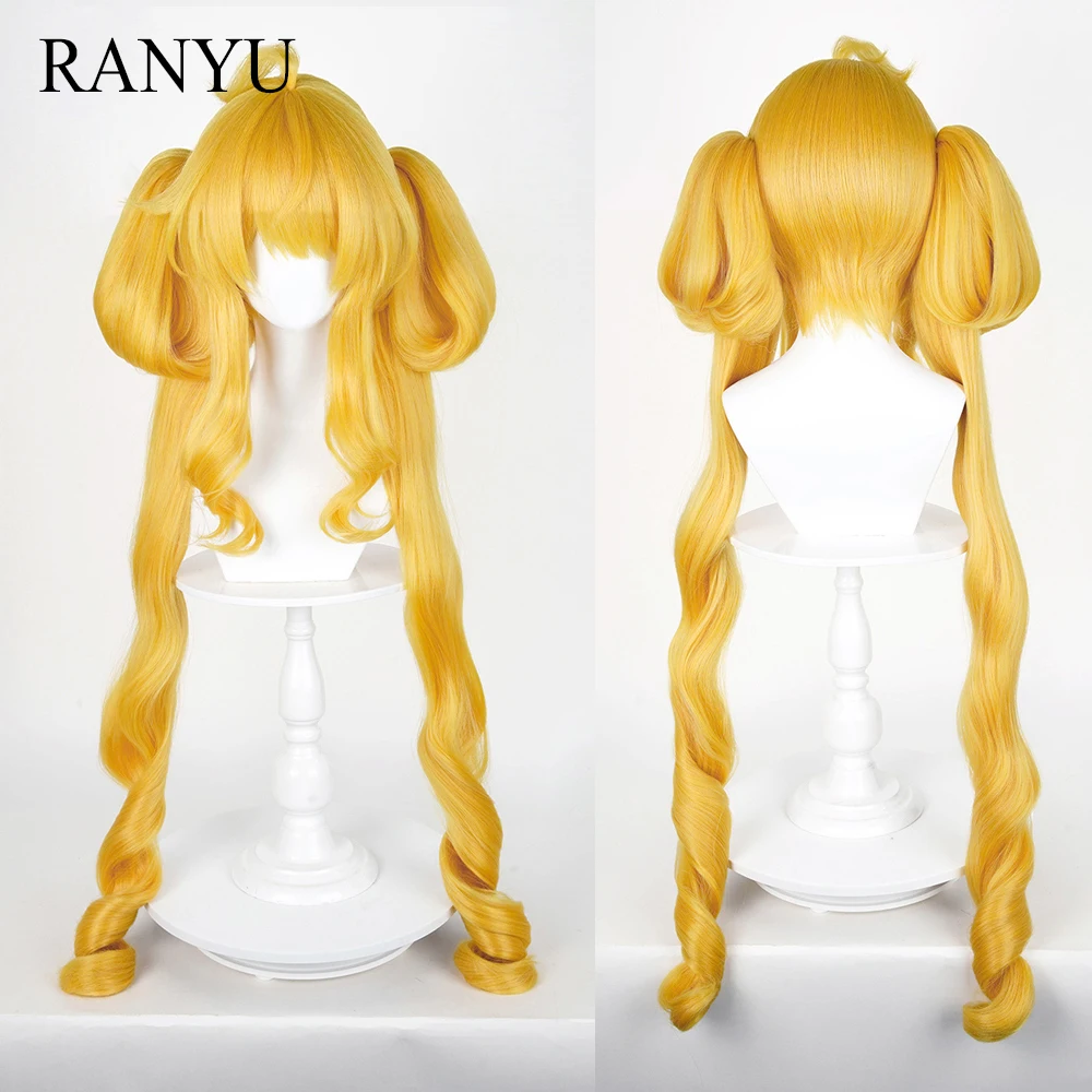 Blonde Yellow Long Double Ponytail Clip Wigs Synthetic Short Straight Anime Game Cosplay Fluffy Wig for Daily Party