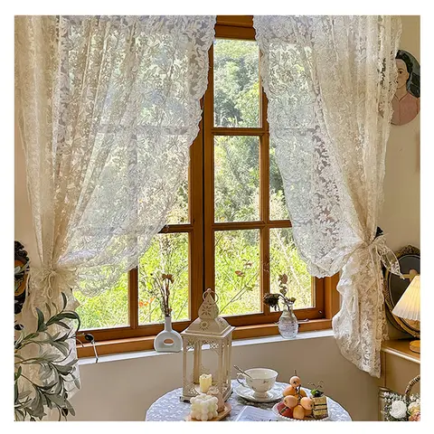 2PC French Vintage Embroidery Lace Beige Sheer Curtains for Windows, Small Window Curtains for Kitchen,Sheer Voile Curtains