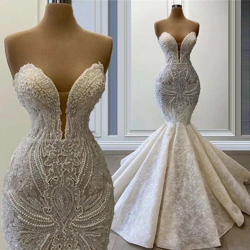 

Fancy Mermiad Pearls Wedding Dresses Beading Lace Appliques Bridal Gowns Custom Made Sweetheart Floor Length Vestido de novia