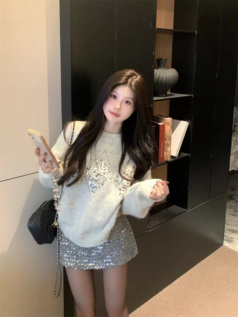 

2024 New Autumn/winter Sequin Rhombus Loose Lazy Style Knitted Sweater + Sexy Hip-hugging Skirt Two Piece Sets Women's Outifit