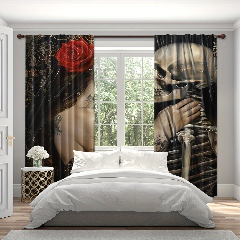 Gothic Skull & Rose Curtain, Tattooed Girl & Skeleton Print Drape, Dark Aesthetic Window Treatment for Living Room Bedroom Home