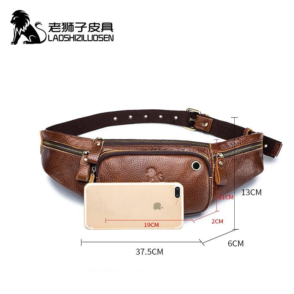 LAOSHIZI Men\'s Genuine Leather Waist Packs Multifunction Fashion Leather Chest Bag Sports Casual Leather Travel Pocket Phone Bag