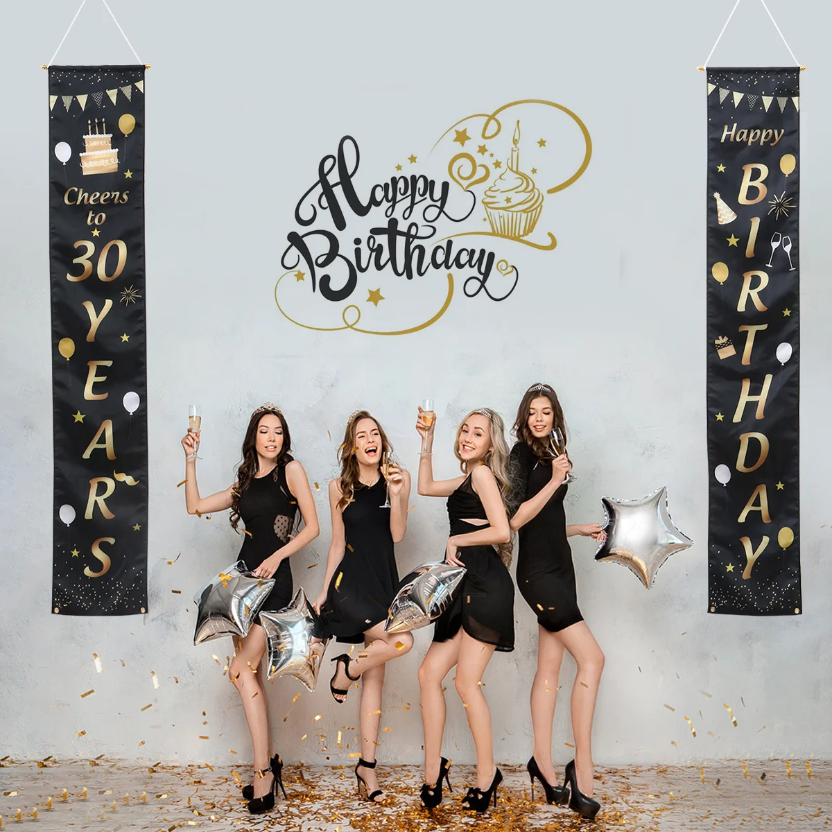 

1Pair Black Gold 30th Birthday Couplets Birthday Party Colorfast Door Decor Porch Sign Banner Pendant Door Pendant
