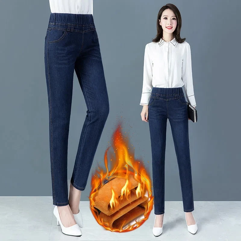 Winter Blue Plus Velvet Warm Jeans Women Vintage Elastic High Waist Thick Vaqueros Mom Skinny Pants Casual Fleece Denim Trousers