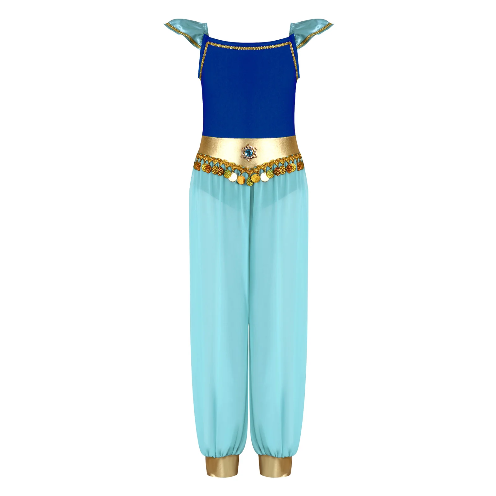 

Girl Arabian Princess Cosplay Costume Flying Sleeve Leotard with Chiffon Long Pants Built-In Briefs for Halloween Carnival Party