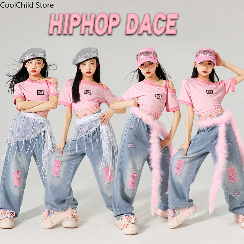 Girls K-pop Sweet Crop Top Pink Jeans Hip Hop Clothes Sets Kids Jazz Ripped Denim Pants Children Streetwear Street Dance Costume