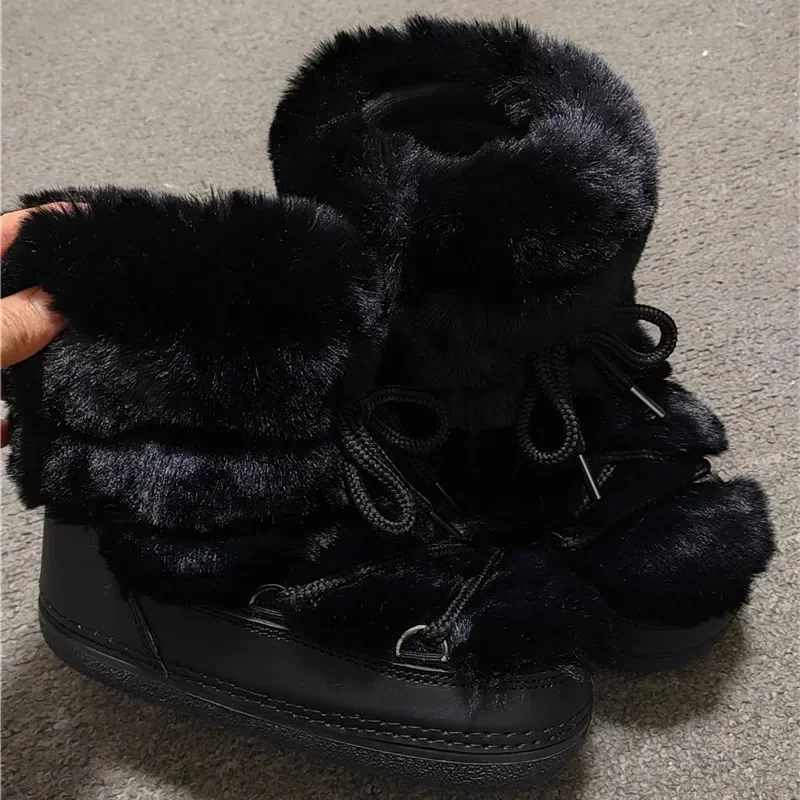 2024 الشتاء النساء الكاحل الثلوج رقيق فروي الأرنب الفراء التزلج الإناث منصة مقاومة للماء الأحذية القطنية الدافئة MN3