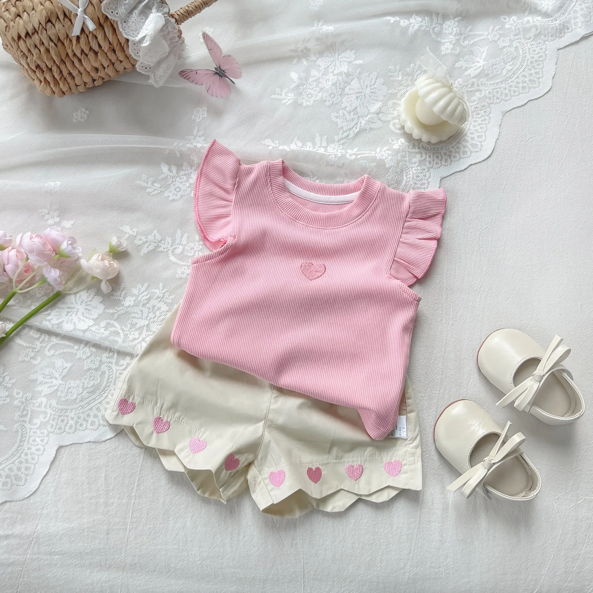 Baby Girls' Summer Sweet Set, Camiseta e Shorts sem mangas, Elegante, Princesa, Doce, Novo, Conjunto de 2 peças, 2024