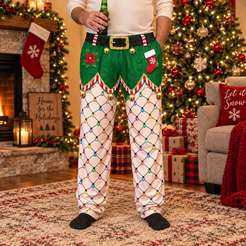 Lustige Weihnachtshose für Herren mit Elfen- und Weihnachtsmannmotiv, weitem Bein, farbigem Lichterketten-Print, für Weihnachtspartys, als lustiges Kostüm oder für den Alltag, ideal für die Feiertage. – Detail 5