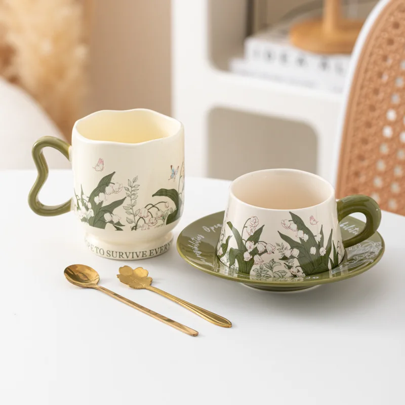 Linglong Flower Coffee Cup Saucer Set High Value Ceramic Mug Original Watercolor Fashion Ceramic Coffee Cup Saucer