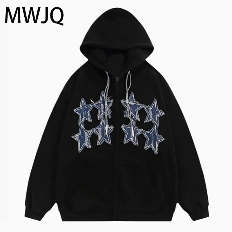 

MWJQ American Retro Patch Embroidery Male Hooded Sweatershirt High Street Zipper Oversize Trend Black Casual Men's Tops 010204