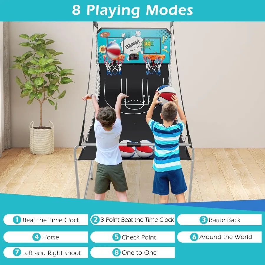 Cesta de basquete eletrônica dobrável com tiro duplo, jogo de arcada de basquete com placar LCD para uso interno e externo, características 8