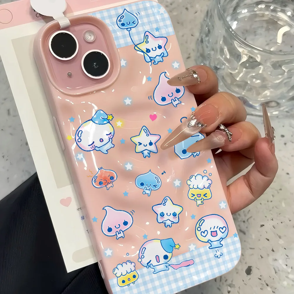 Cute Star Blue Water Bead Grid 3D Irregular Wrinkle Meteorite Phone Cases For iPhone 17 16 15 14 Plus 13 12 11 Air Pro Max  Soft