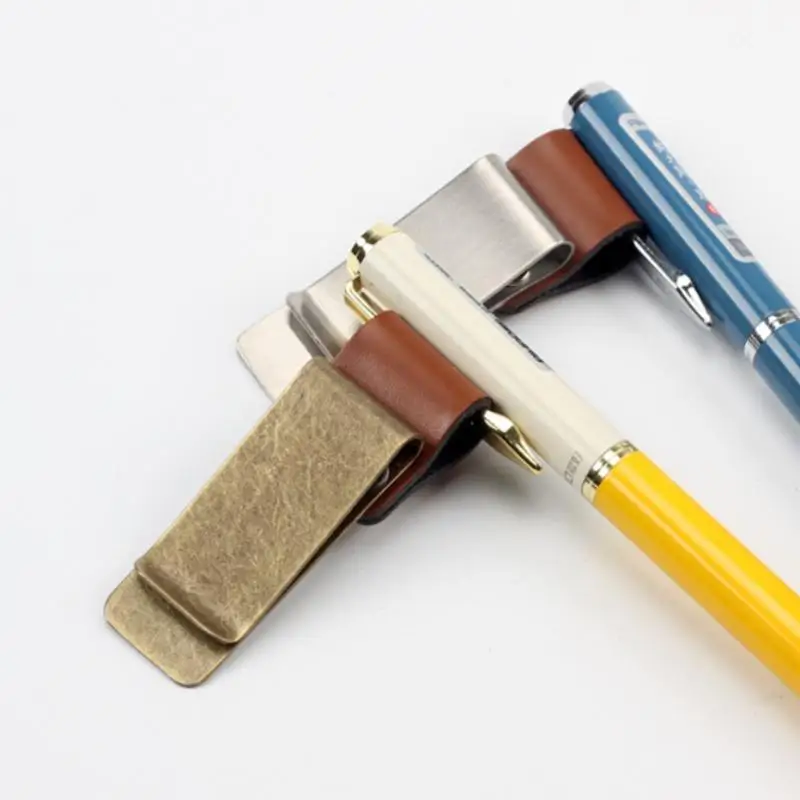 Handmade Leather Brass Stainless Steel Pen Holder Clip Journal Notebook Paper Folder Writing Office Supplies