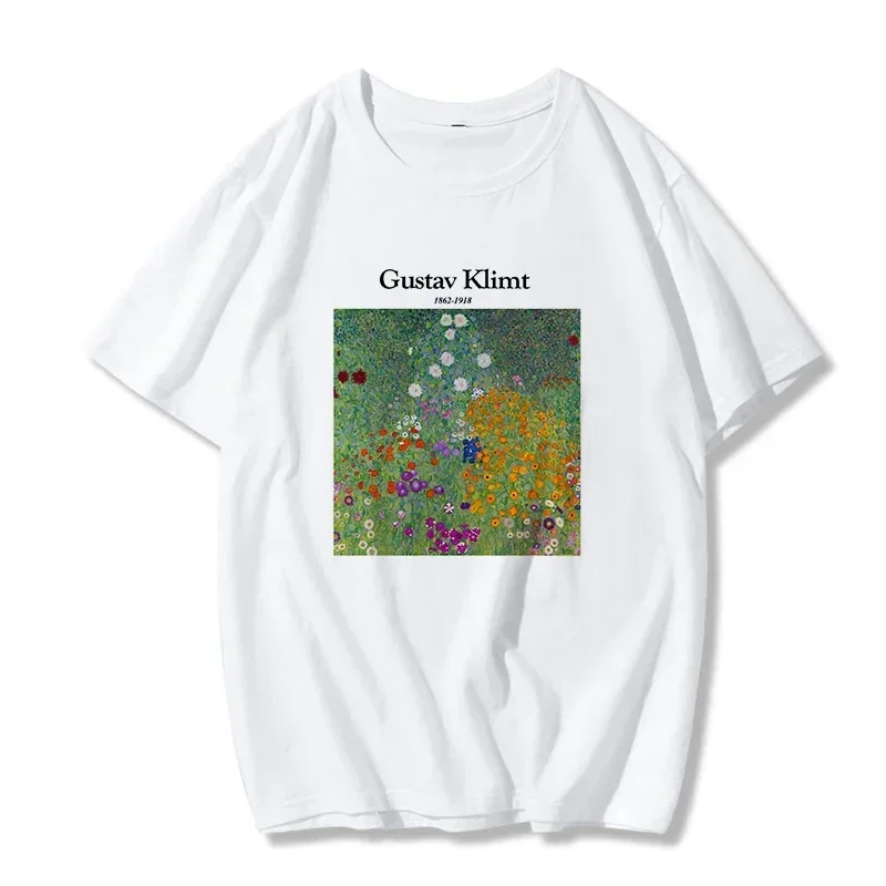 Gustav Klimt-T-shirt carta impressão das mulheres, chique, padrão Harajuku, arte, pintura a óleo, top vintage, moda casual, verão, novo