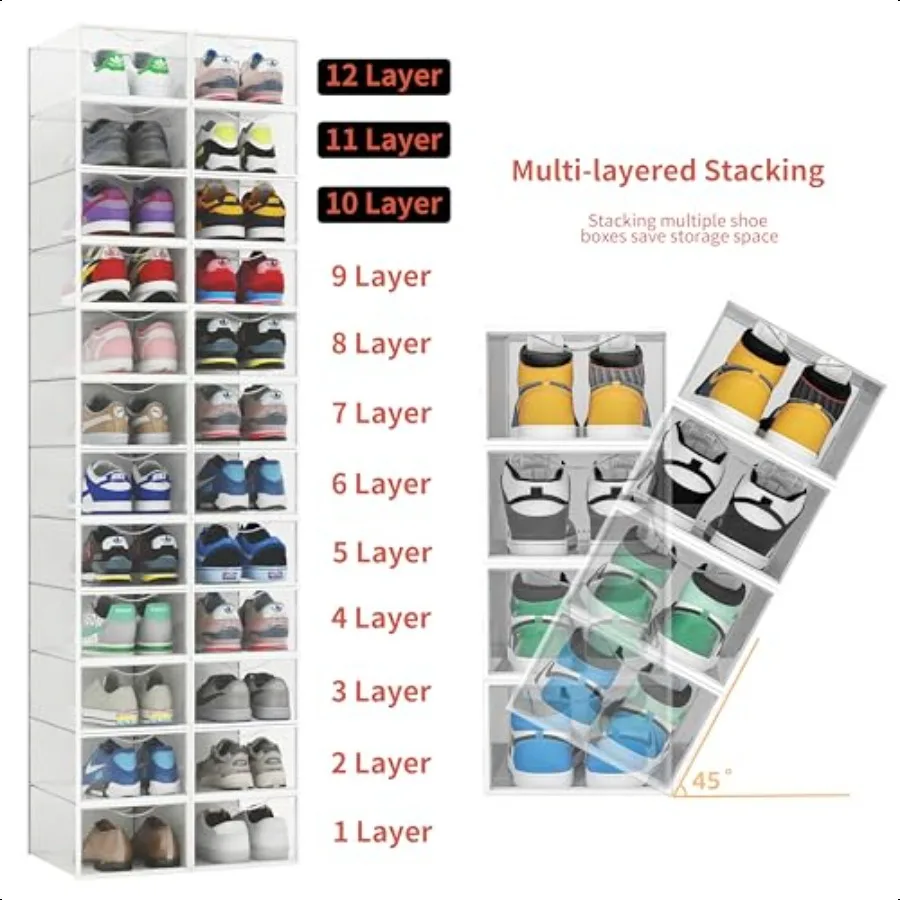12 Pack Shoe Storage Bins Clear Plastic Stackable Shoe Organizer for Closet Space Saving Foldable Shoe Rack Shoe Box Sneaker Ho