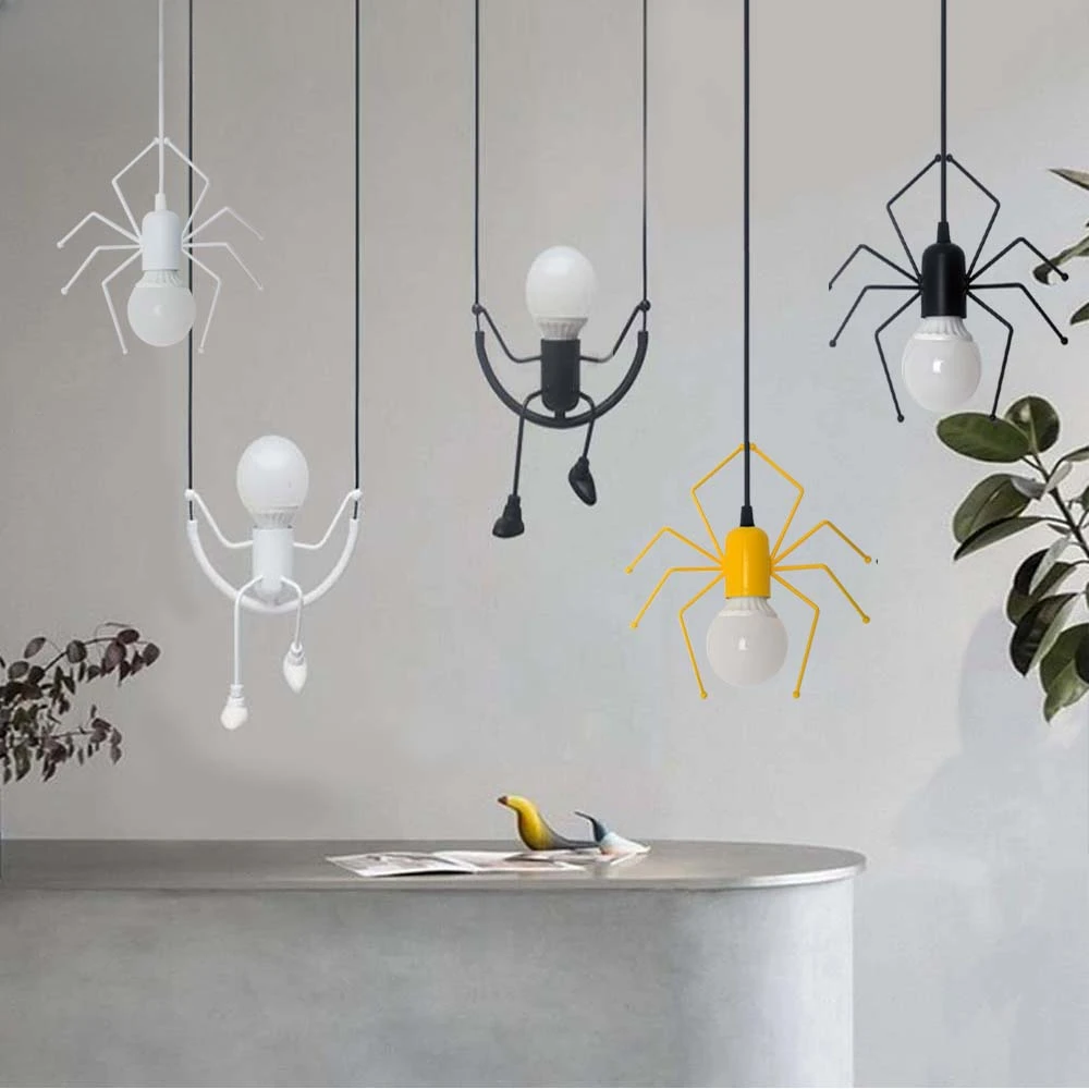 

Pendant Light Nordic Little Man Spider Hanging Lamp Iron Swing Lamps Retro Loft Lighting LED Fixture for Kids Room Coffee Bar