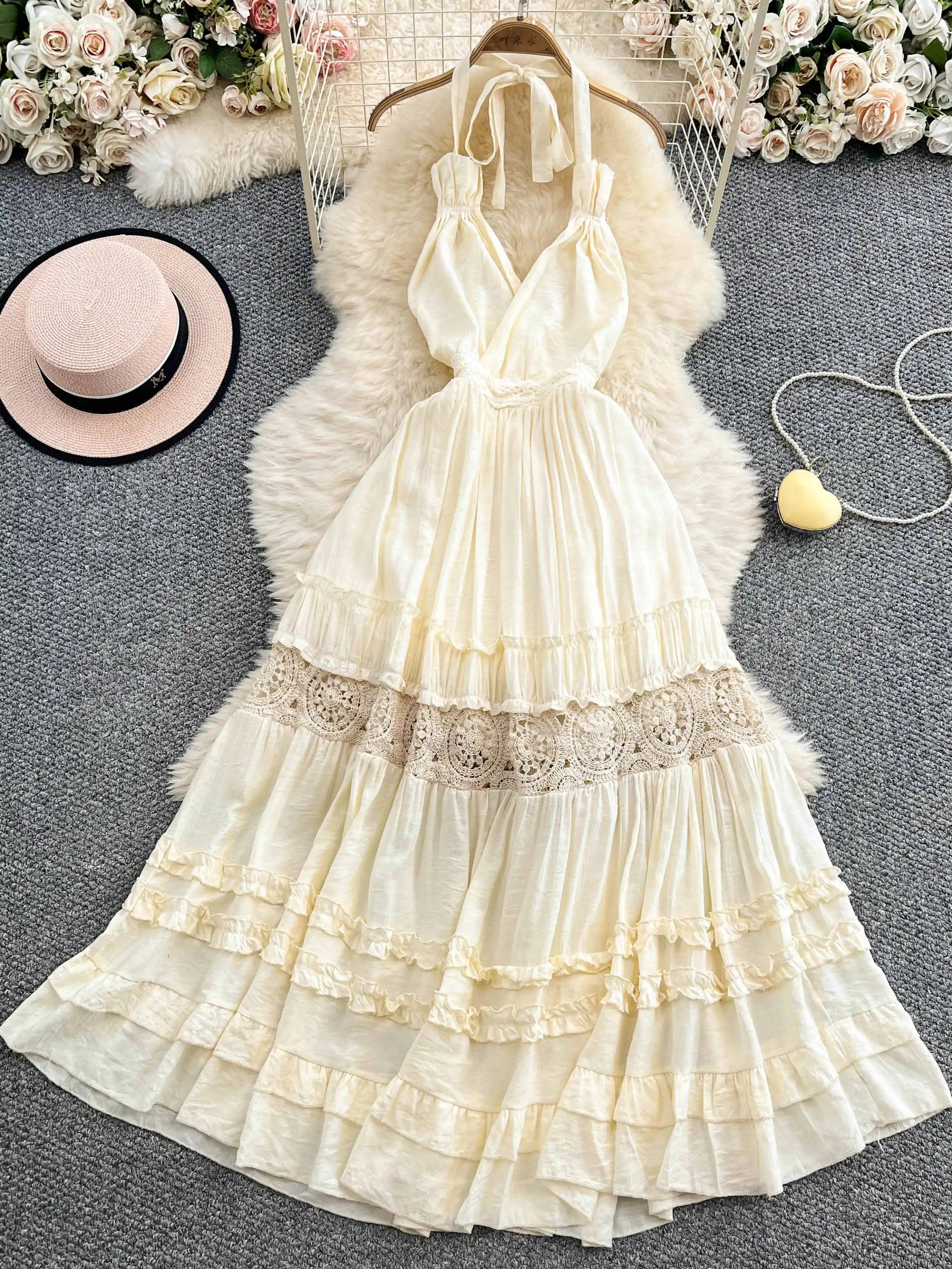 

Women's Light Yellow Lace A-line Evening Dress Vintage Lace-up Off Shoulder Long Maxi Dress Y2k One Piece Frocks Clothes Summer