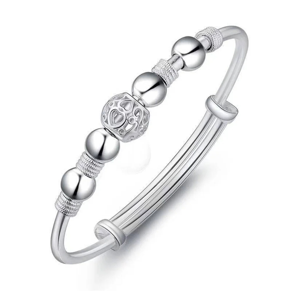OUYADI Women 999 Sterling Silver Push‑Pull Adjustable Bracelet, Delicate Lantern Hollow‑Bead Daily‑Wear Jewelry Gift