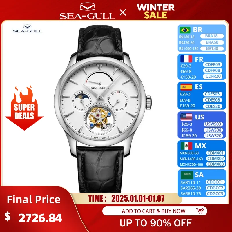 Seagull Tourbillon Men Manual Mechanical Watch Day Night Energy Calendar Display Wristwatch Sapphire Alligator Strap Clock 8828