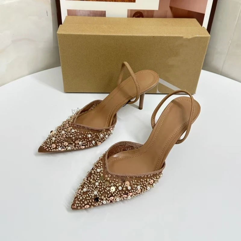 جديد مطرز شبكة Slingback الكعوب للنساء الفاخرة أشار تو كعب مضخات مكتب سيدة مضخات الصيف خنجر الأحذية الصنادل 2025