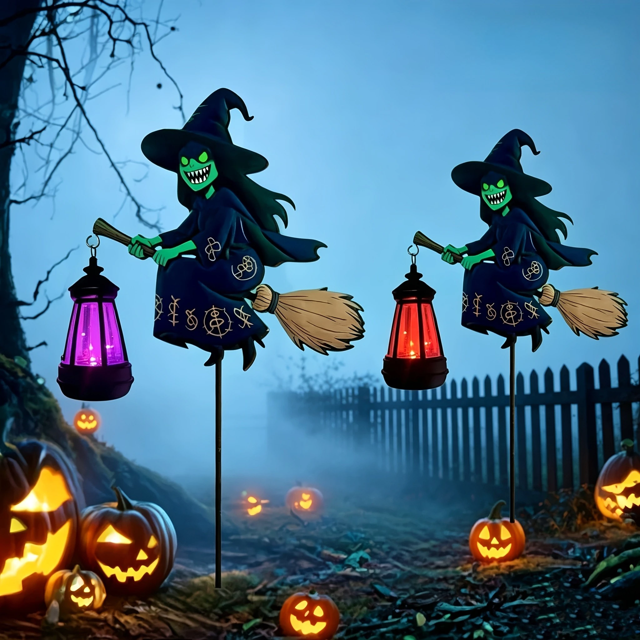 Halloween Witch Watering Can Garden Colorful Waterfall Light Flying Witch Garden Stake Outdoor Decoration for Yard Lawn Patio