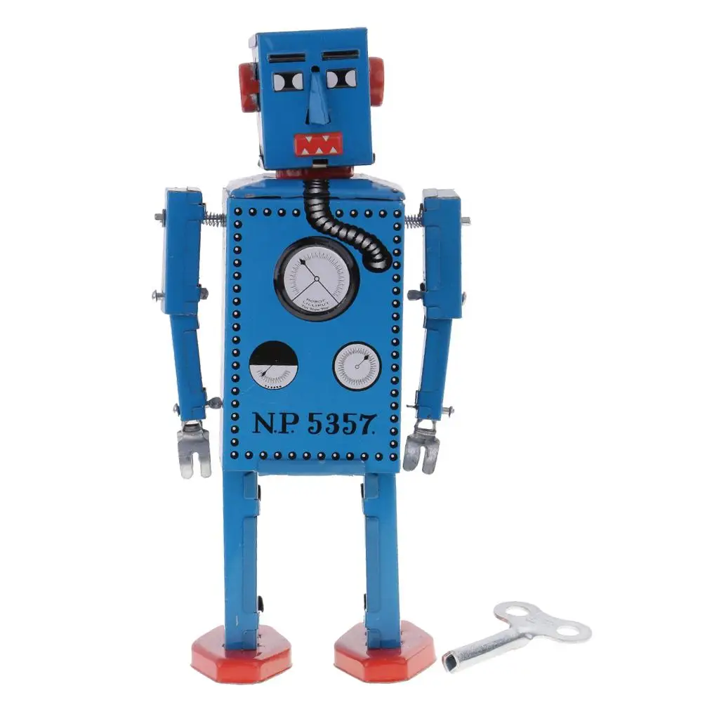 Wind Up Tin Robot Blue Handmade Collectible Toy Robot Smart Toy for Children's Birthday Gift