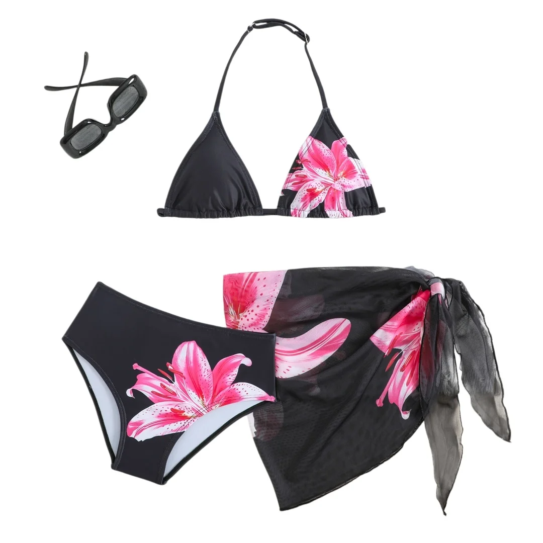 2026 Neuer Trendiger Mädchen-Badeanzug Kinder-Bikini-Set mit Blumenmuster Dreiteiliges Outfit Badeanzug 7 bis 16 Jahre
