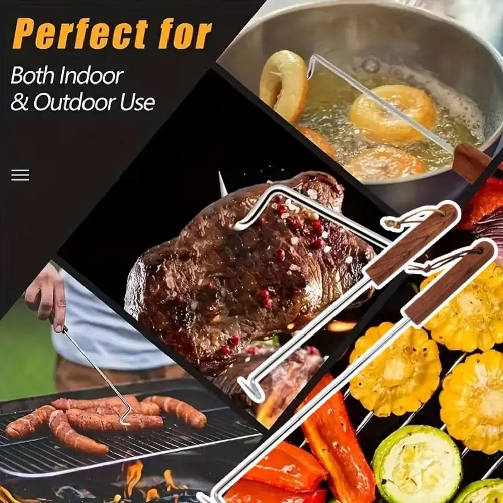 New Durable High Quality Stainless Steel Meat Turner Hook BBQ with Wooden Handle Meat Hook Food Flipper Hook Cooking Grilling