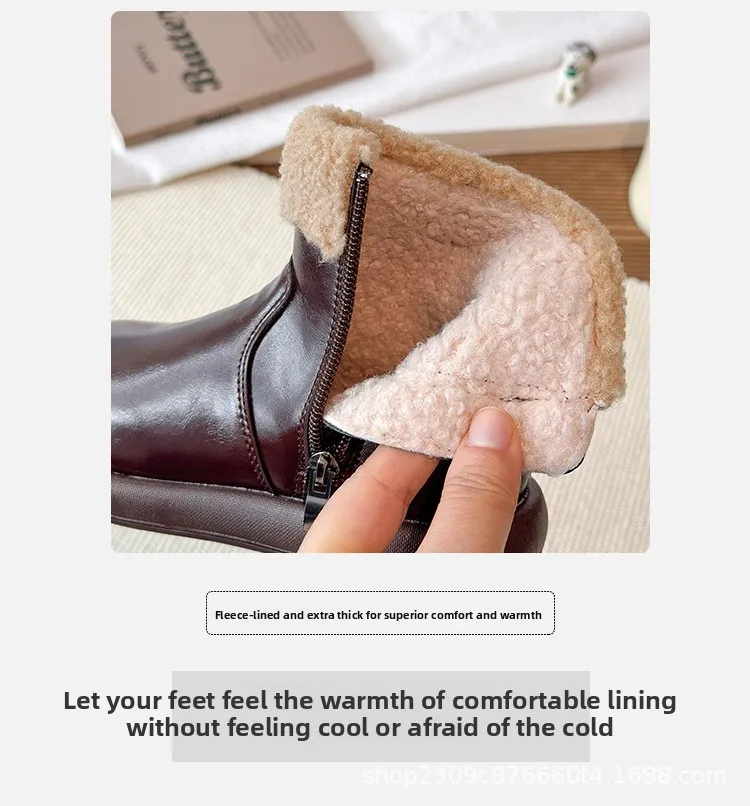 2026 England-Style Winter-Modestiefel für Mädchen, Verdickte Warme Kunstfell-Schneestiefel, Weichsohlige Rutschfeste Modestiefel für Mädchen – Detail 4