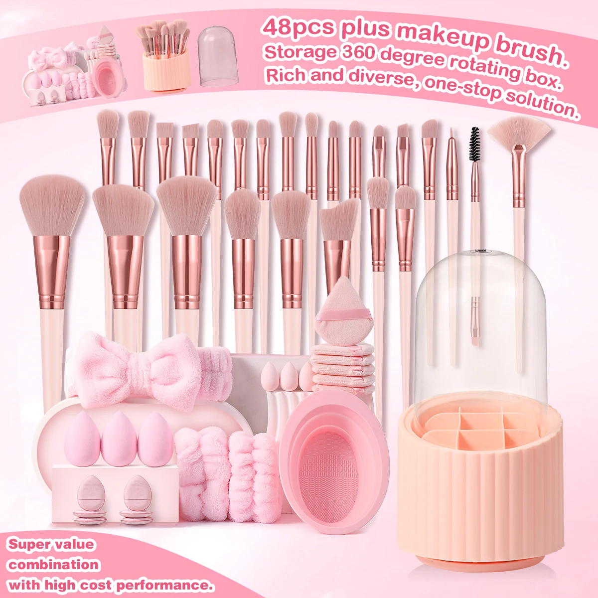 48PCS Makeup Tools:25PCS Makeup Brush Set+4PCS Makeup Tools+18PCS Makeup Sponges+1 Storage Bucket