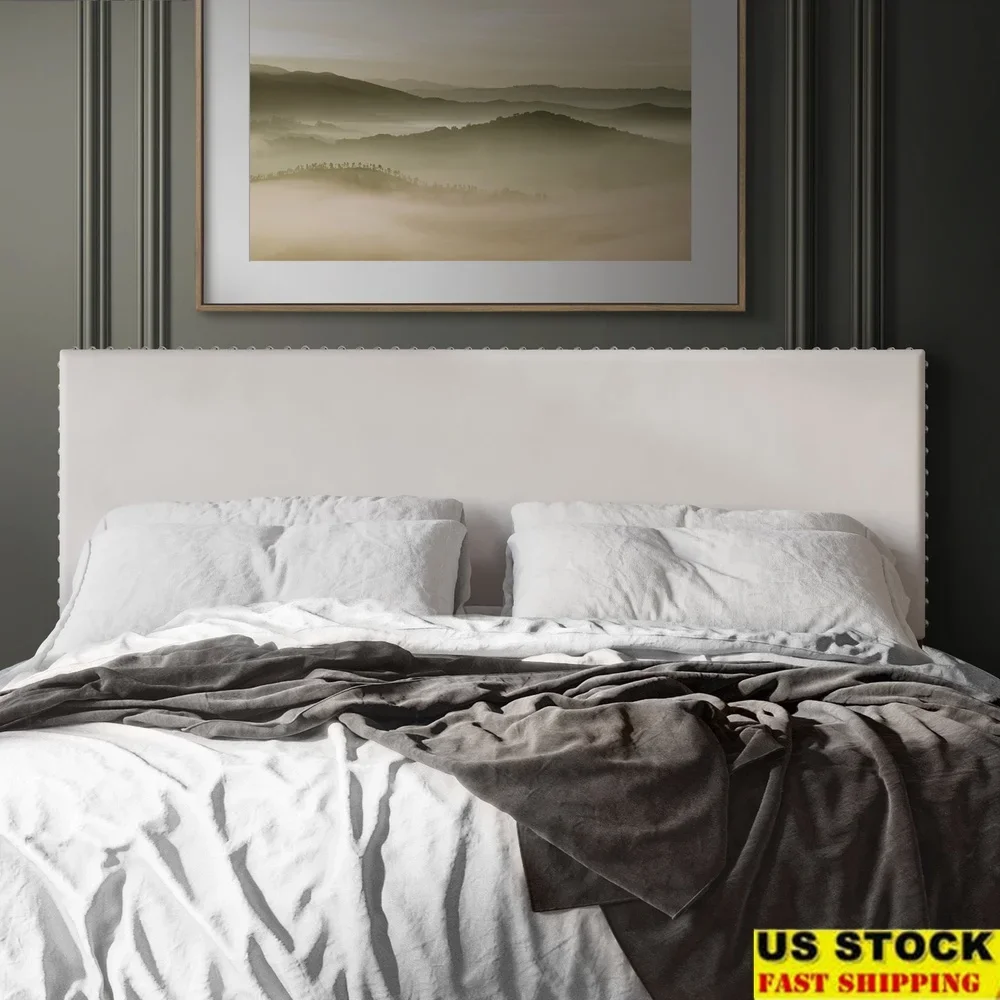 Upholstered Velvet Headboard with Nailhead Trim Adjustable Height Queen Size Soft Touch Bedroom Furniture