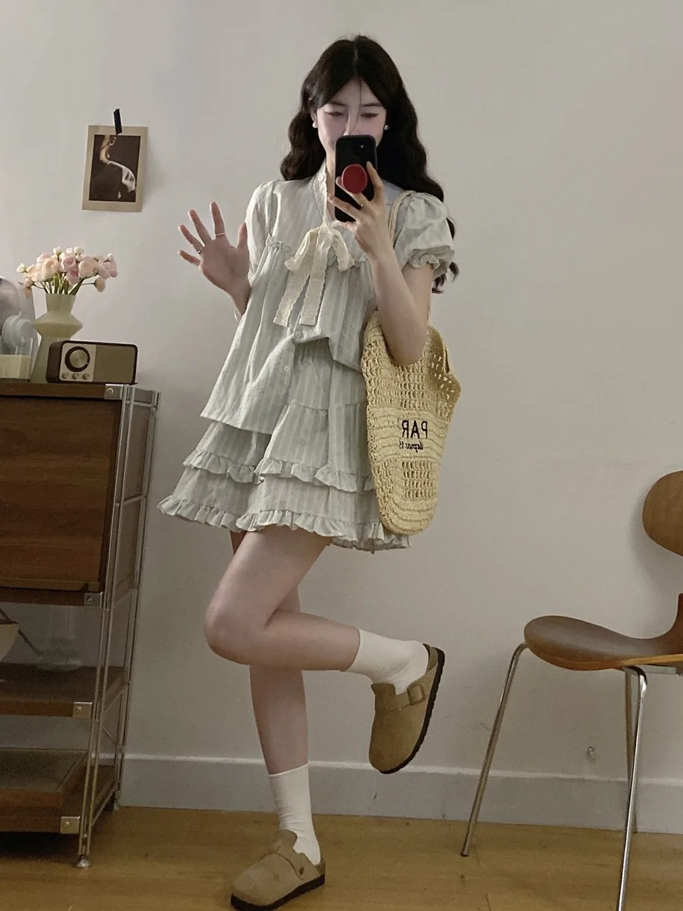 

plus Size Summer Sweet Style Floral Lace Striped Loose Shirt High Waist Skirt Two Piece Set Women's Clothing Ensemble