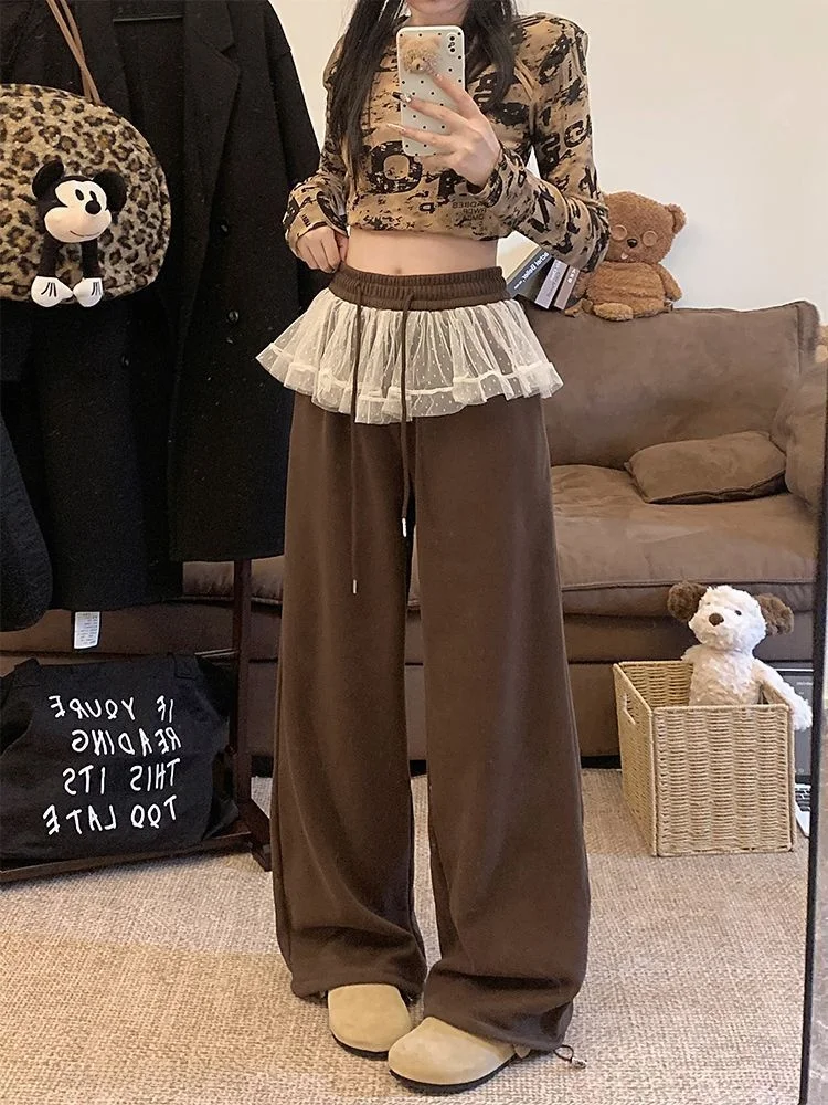 

Женские повседневные брюки с высокой талией, кружевными вставками и шнурком, свободные, в пол, в корейском стиле, для офиса и повседневной носки