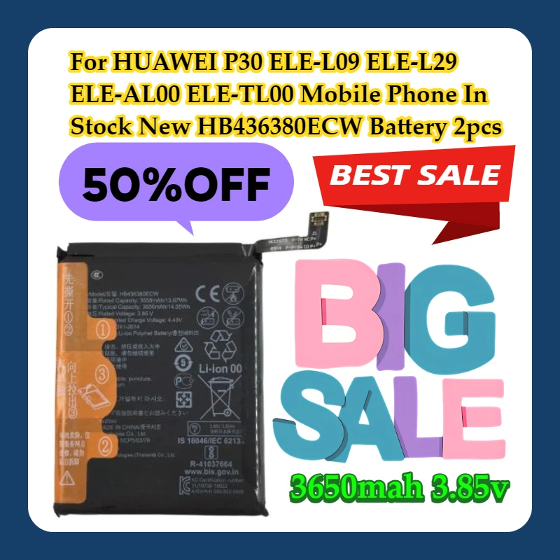 

For HUAWEI P30 ELE-L09 ELE-L29 ELE-AL00 ELE-TL00 Mobile Phone In Stock New HB436380ECW Battery 2pcs